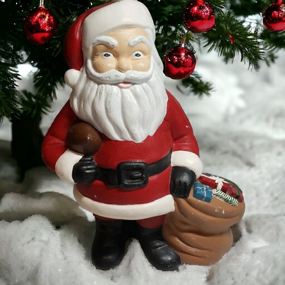 VTG Christmas Santa Claus‎ Figurine w/ Gift Bag Sack & Football Hand Painted
